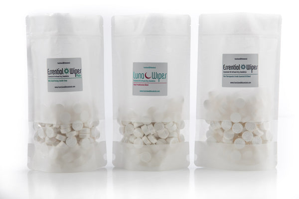 Three clear resealable bags filled with round white wipes labeled Essential Wipes and Luna Wipes, showcasing Essential Wipes Plus PRO Pak - 350 qty | Functional Botanicals for skincare and wellness.