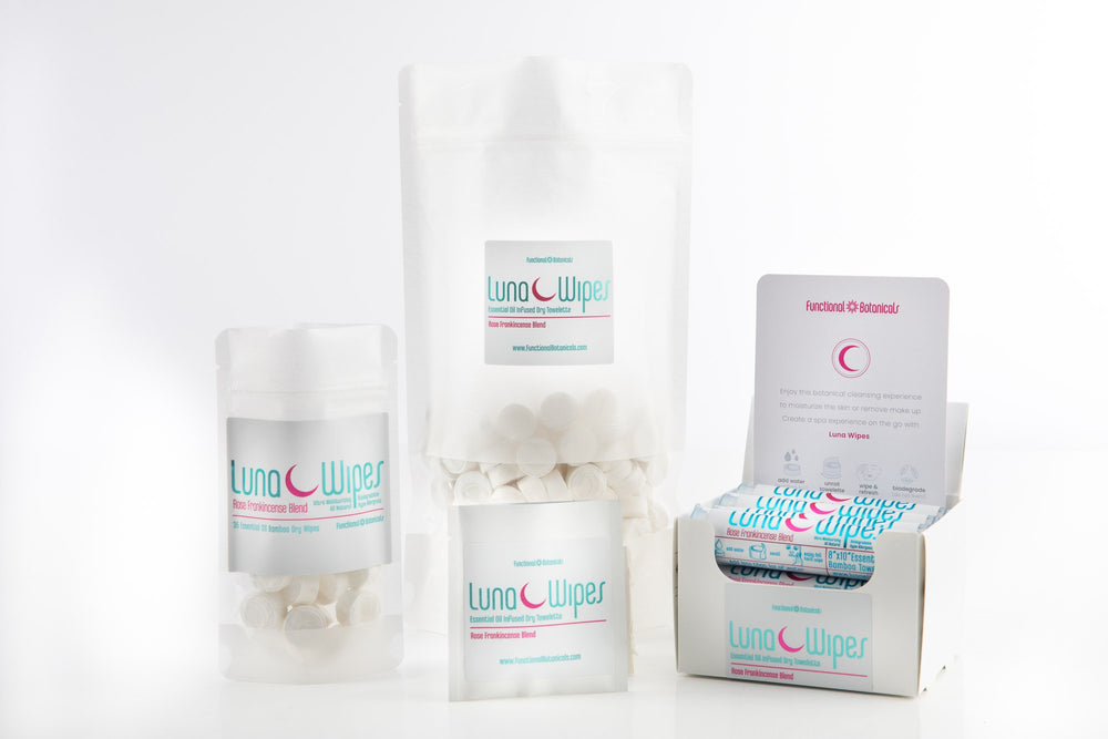 Clear resealable pouch containing Luna Wipes Pro Pak - 350 qty | Functional Botanicals, small white circular skincare wipes infused with botanicals for wellness and body care.