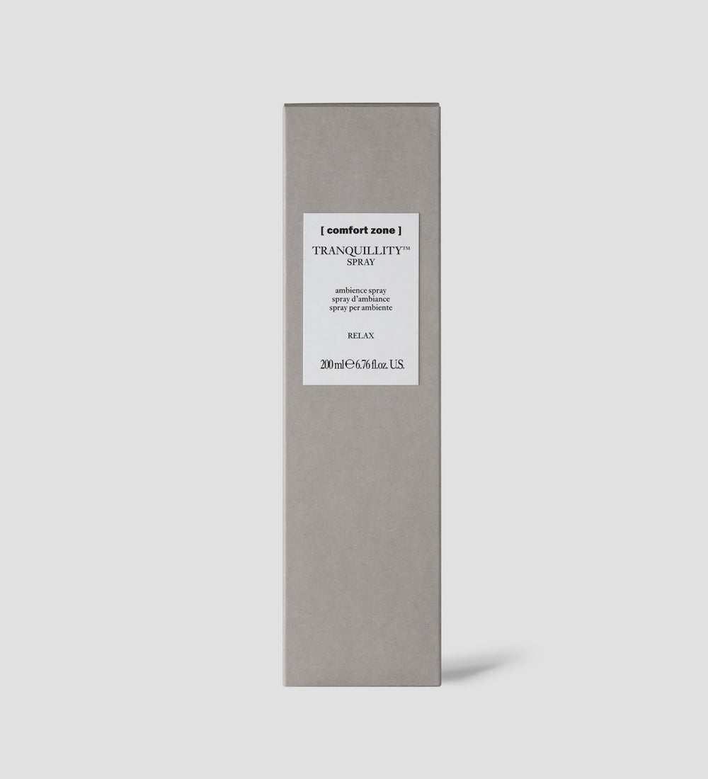 Tranquillity Spray | [ comfort zone ] in a sleek gray bottle with white label and spray nozzle, designed for wellness and ambiance enhancement.