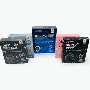 Five different boxed sets of Deep Sleep Fragrance-Free Self-Warming Large Sleep Masks (5 Pack) | Popmask displayed, designed for relaxation and improved wellness.