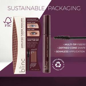 Amplified Tubing Mascara | Blinc in eco-friendly packaging with multi-tip fibers, defined cone brush, and seamless application for enhanced lashes and sustainable beauty.