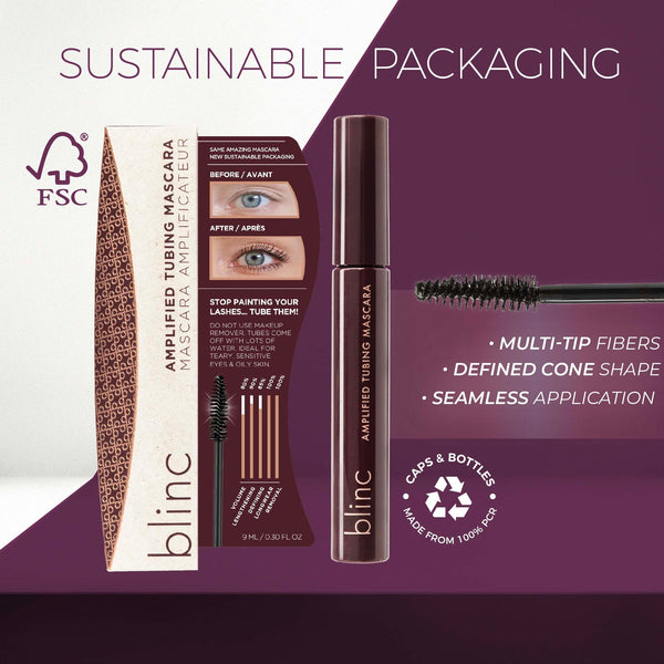 Amplified Tubing Mascara | Blinc in eco-friendly packaging with multi-tip fibers, defined cone brush, and seamless application for enhanced lashes and sustainable beauty.