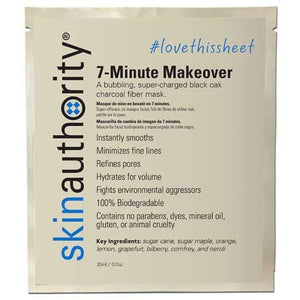 Packet of 7-Minute Makeover Mask | Skin Authority featuring a bubbling black oak charcoal fiber formula that smooths skin, minimizes fine lines, refines pores, and hydrates for volume.