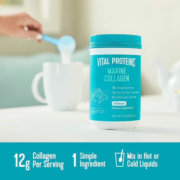 Container of Marine Collagen - Unflavored | Vital Proteins dietary supplement with a scoop being poured into a white mug, highlighting 12 grams of collagen per serving and easy mixing in hot or cold liquids.