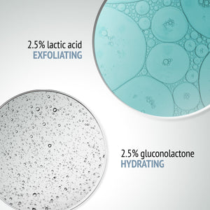 Close-up view of two clear textured liquids representing 2.5% lactic acid exfoliating and 2.5% gluconolactone hydrating ingredients in Sublime Skin Micropeel Lotion | [ comfort zone ] skincare product.
