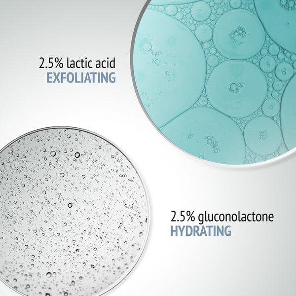 Close-up view of two clear textured liquids representing 2.5% lactic acid exfoliating and 2.5% gluconolactone hydrating ingredients in Sublime Skin Micropeel Lotion | [ comfort zone ] skincare product.
