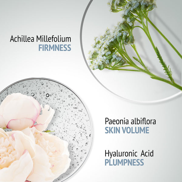 Close-up of Achillea Millefolium flowers, Paeonia albiflora petals, and a clear gel with bubbles representing hyaluronic acid, highlighting ingredients for firmness, skin volume, and plumpness in Sublime Skin Fluid Cream | [ comfort zone ].