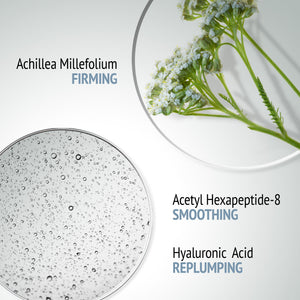 Close-up of Achillea Millefolium flowers and a clear serum droplet texture with text highlighting firming, smoothing, and replumping benefits of Sublime Skin Intensive Serum Refill | [ comfort zone ] skincare product.