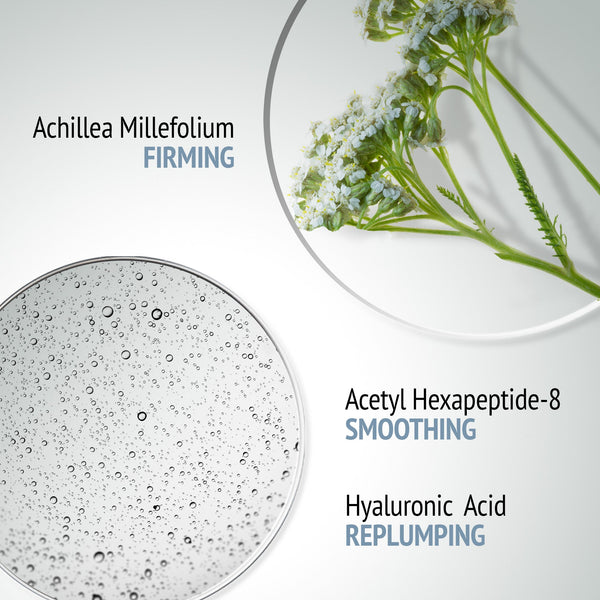 Close-up of Achillea Millefolium flowers and a clear serum droplet texture with text highlighting firming, smoothing, and replumping benefits of Sublime Skin Intensive Serum Refill | [ comfort zone ] skincare product.