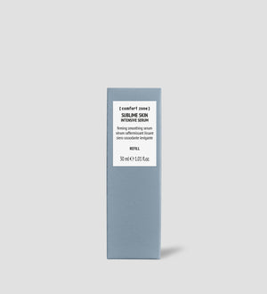 Minimalist grey rectangular box packaging for Sublime Skin Intensive Serum Refill | [ comfort zone ], a 30 ml firming smoothing skincare serum product.