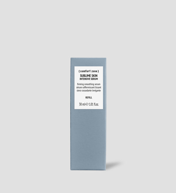 Minimalist grey rectangular box packaging for Sublime Skin Intensive Serum Refill | [ comfort zone ], a 30 ml firming smoothing skincare serum product.