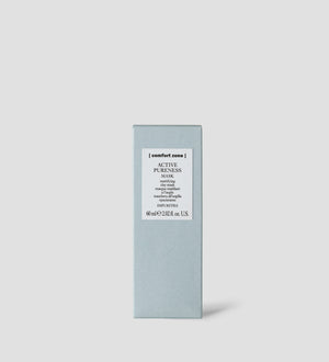 Minimalist light blue box packaging for Active Pureness Mask | [ comfort zone ], a skincare product designed for purifying the skin and maintaining clarity.