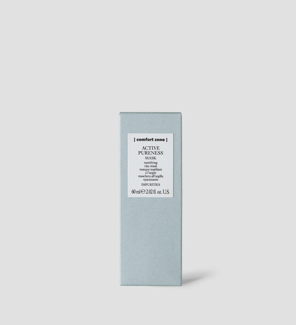 Minimalist light blue box packaging for Active Pureness Mask | [ comfort zone ], a skincare product designed for purifying the skin and maintaining clarity.