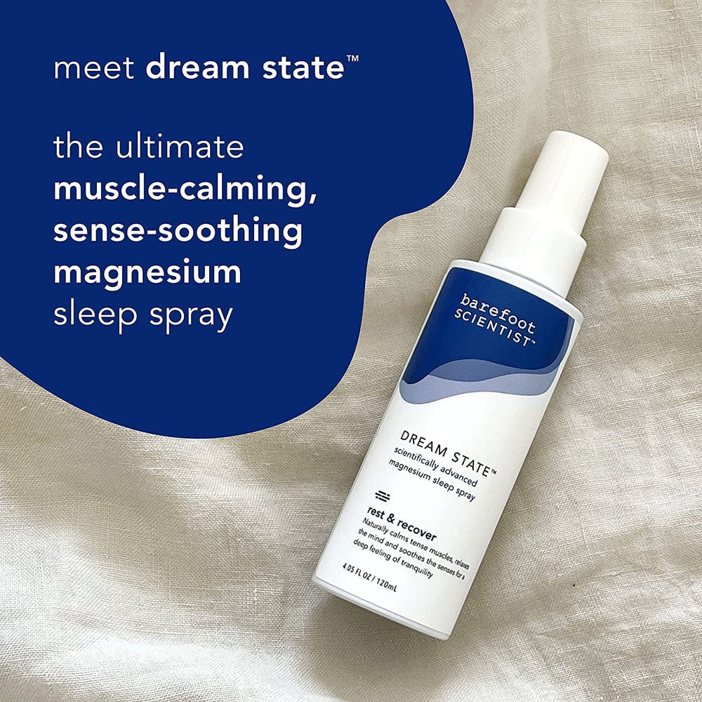 Bottle of DREAM STATE | Barefoot Scientist magnesium sleep spray designed for rest and recovery, promoting calm muscles and soothing the senses for better sleep and relaxation.