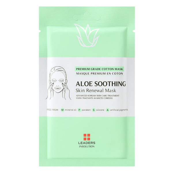 A packet of Aloe Soothing Skin Renewal Mask | Leaders with a mint green and white design, featuring an illustration of a face mask and details about its premium cotton material and skincare benefits.