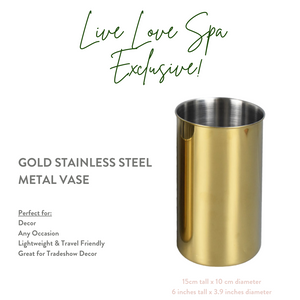 Gold Flower Vase - Live Love Spa Exclusive showcasing a sleek, gold stainless steel metal vase designed for decor, travel-friendly, and tradeshow display.