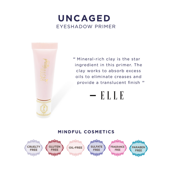 Tube of Uncaged Eyeshadow Primer | Pretty Vulgar with a quote from Elle highlighting mineral-rich clay as a key ingredient for oil absorption and a translucent finish, displayed with mindful cosmetics icons.