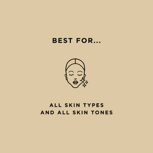 Illustration with text stating "Best for all skin types and all skin tones" alongside a simple icon of a face with sparkling highlights promoting The Ink Gel Eyeliner | Pretty Vulgar.