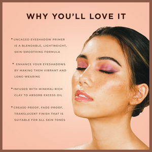 Woman with glowing skin and purple-pink eyeshadow showcasing the benefits of Uncaged Eyeshadow Primer | Pretty Vulgar, highlighting its blendable, lightweight, crease-proof formula with mineral-rich clay.