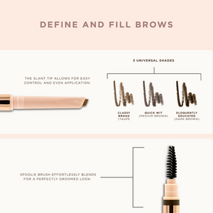 Defined Brilliance Dual Sided Eyebrow Pencil | Pretty Vulgar showing three universal shades in taupe, medium brown, and dark brown, with a slant tip for easy application and a spoolie brush for blending.