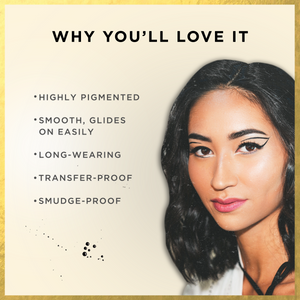 Woman with smooth black winged eyeliner wearing The Ink Gel Eyeliner | Pretty Vulgar, highlighting features like high pigmentation, smooth glide, long wear, transfer-proof, and smudge-proof formula.