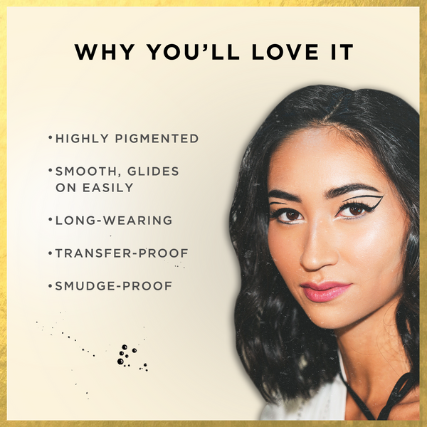 Woman with smooth black winged eyeliner wearing The Ink Gel Eyeliner | Pretty Vulgar, highlighting features like high pigmentation, smooth glide, long wear, transfer-proof, and smudge-proof formula.