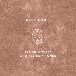 Text on a textured brown background reads best for all skin types and all skin tones above a simple white line drawing of a woman's face with sparkles on her cheek, promoting Uncaged Eyeshadow Primer | Pretty Vulgar.