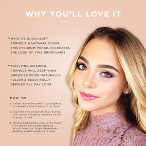 Why You’ll Love It text with a smiling woman with blonde hair and clear skin explaining the ultra-soft, long-wearing formula of Defined Brilliance Dual Sided Eyebrow Pencil | Pretty Vulgar, featuring application tips for natural, full brows.