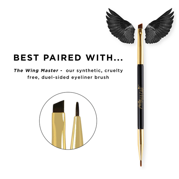 The Ink Gel Eyeliner | Pretty Vulgar displayed alongside The Wing Master, a synthetic, cruelty-free, dual-sided eyeliner brush with angled and pointed tips, highlighted by black wings.