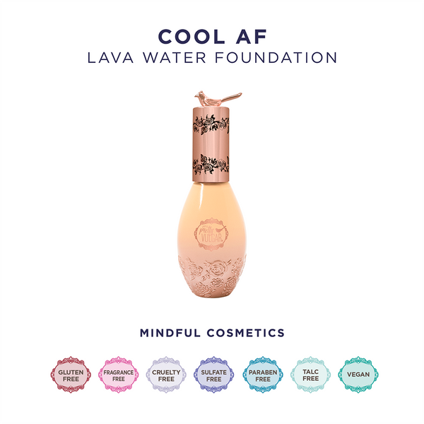 Elegant bottle of Cool AF Lava Water Foundation | Pretty Vulgar with decorative rose gold design, highlighting mindful cosmetics and multiple free-from skincare benefits including gluten free and vegan.