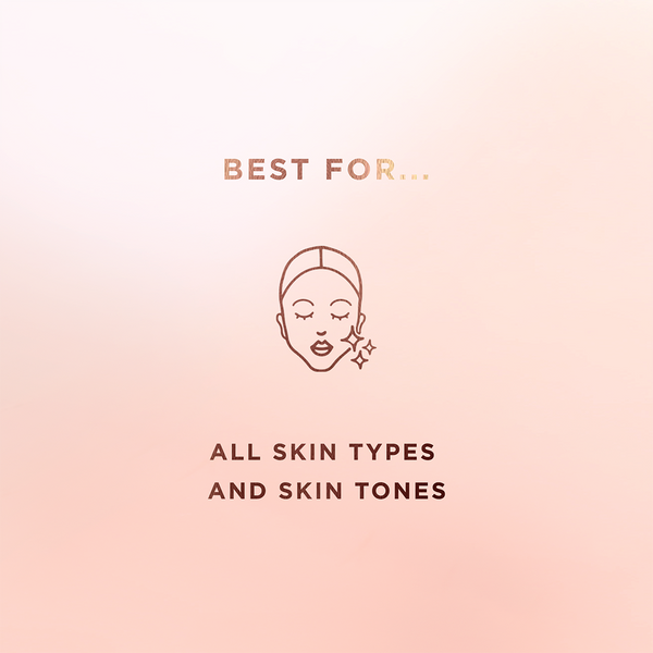 Text with a simple line drawing of a face with sparkles next to it, stating "Best for... all skin types and skin tones," promoting Cool AF Lava Water Foundation | Pretty Vulgar.