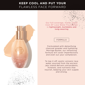 Bottle of Cool AF Lava Water Foundation | Pretty Vulgar with peachy beige foundation swatch, highlighting its lightweight, buildable, long-wearing formula with volcanic lava water and hydrating ingredients.