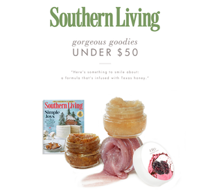 Southern Living magazine featured alongside Beach Punch® Lip Polish | Farmhouse Fresh in open jars showing a glistening honey-infused scrub texture in golden and pink hues for skincare and body care.