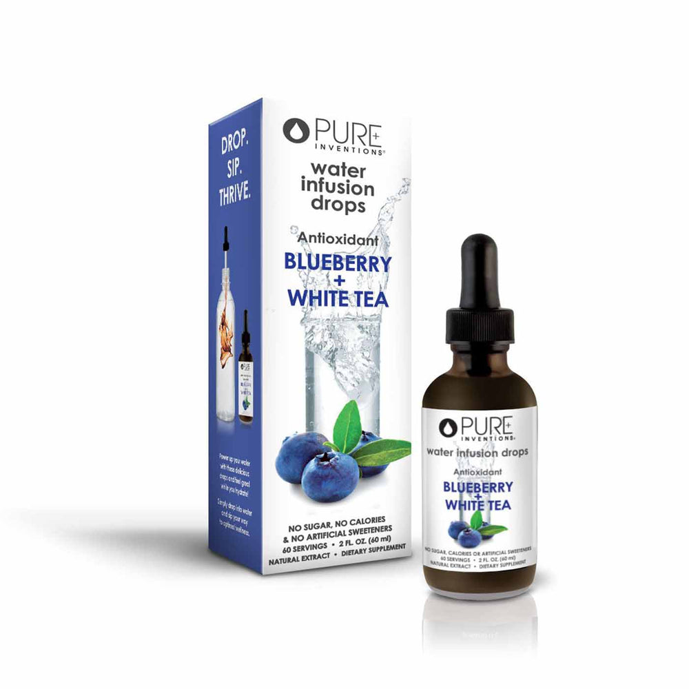 Bottle and packaging of Super Fruit Extracts Water Infusion Drops - Blueberry + White Tea | Pure Inventions featuring antioxidant blend with natural blueberry and white tea extracts.