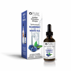Bottle and packaging of Super Fruit Extracts Water Infusion Drops - Blueberry + White Tea | Pure Inventions featuring antioxidant blend with natural blueberry and white tea extracts.
