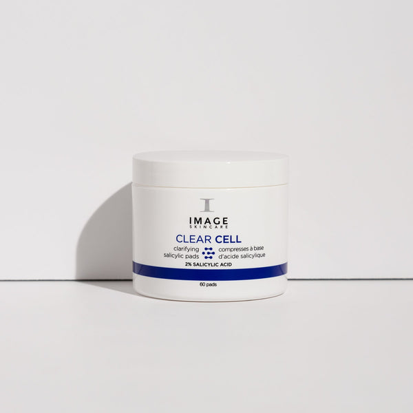 Container of CLEAR CELL salicylic clarifying pads | IMAGE Skincare, a skincare product with 2% salicylic acid for cleansing and clarifying skin, shown on a white background.