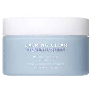 Calming Clear Milk Peel Cleanse Balm | Leaders in a light blue jar with white lid, designed for micellar cleansing and gentle skincare with a formula free of seven additives.