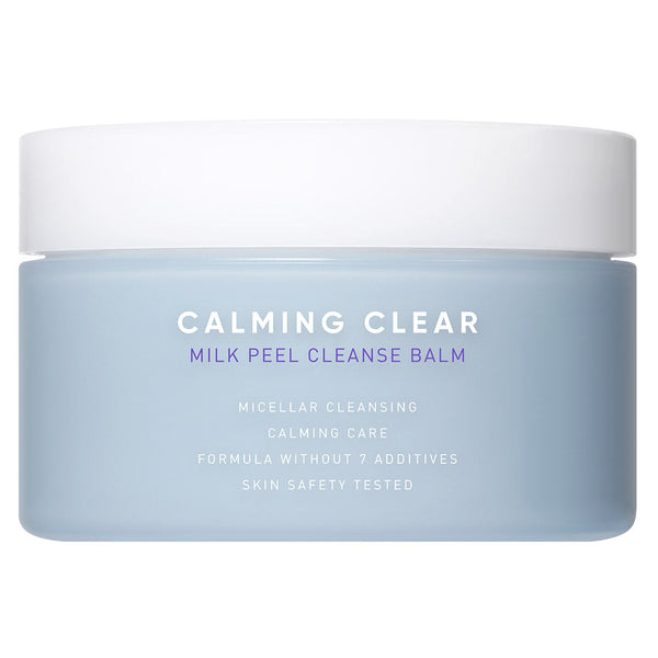Calming Clear Milk Peel Cleanse Balm | Leaders in a light blue jar with white lid, designed for micellar cleansing and gentle skincare with a formula free of seven additives.