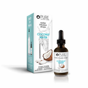 Bottle and packaging of Coconut Water Infusion Drops | Pure Inventions featuring a coconut illustration, emphasizing hydration and wellness supplement benefits.