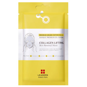 Collagen Lifting Skin Renewal Mask | Leaders in yellow and white packaging featuring an illustration of a woman applying a cotton face mask for skincare and renewal treatment.