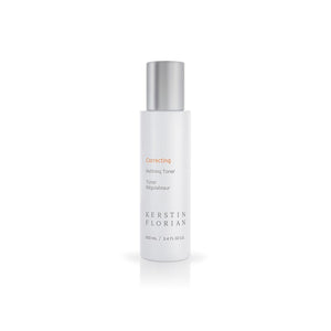 Bottle of Correcting Refining Toner | Kerstin Florian skincare product with silver cap on white background, promoting skin renewal and refinement.