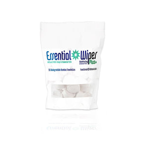 Package of Essential Wipes Plus - Eco Pak (35 wipes) | Functional Botanicals, biodegradable bamboo towelettes designed for skincare and body care use.