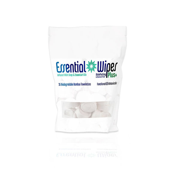 Package of Essential Wipes Plus - Eco Pak (35 wipes) | Functional Botanicals, biodegradable bamboo towelettes designed for skincare and body care use.