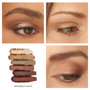 Close-up views of eyes showcasing natural, warm-toned eyeshadow looks along with six coordinating shades from the Purepressed Eye Shadow Palette | Jane Iredale in a naturally glam color range.
