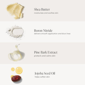 Shea Butter, Boron Nitride, Pine Bark Extract, and Jojoba Seed Oil ingredient infographic highlighting moisturizing, smoothing, calming, and softening benefits for Purepressed Eye Shadow Palette | Jane Iredale.