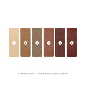 Six rectangular eyeshadow shades in neutral tones labeled Feather, Lace, Tulle, Velvet, Satin, and Sequin from the Purepressed Eye Shadow Palette | Jane Iredale.
