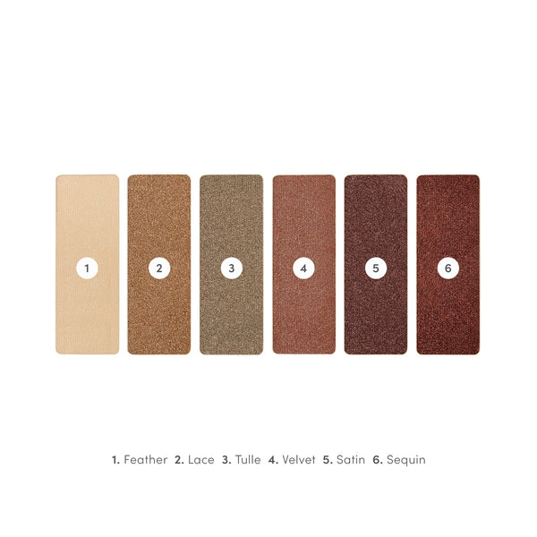 Six rectangular eyeshadow shades in neutral tones labeled Feather, Lace, Tulle, Velvet, Satin, and Sequin from the Purepressed Eye Shadow Palette | Jane Iredale.