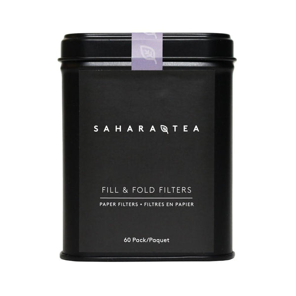 Black square tin container labeled with Sahara Tea, holding 60 Fill and Fold Tea Filters in Tin | Sahara Tea for convenient and eco-friendly tea brewing.