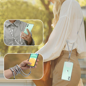 Woman wearing a light blouse with a Crossbody Phone Lanyard With Adjustable Strap | Live Love Spa holding a mint green phone, showing close-ups of the adjustable strap in use for hands-free convenience.