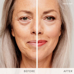 Close-up of a middle-aged woman showing a before and after comparison of her lips with berry red Hydropure Hyaluronic Lip Gloss | Jane Iredale applied, highlighting smoother skin and enhanced lip color.